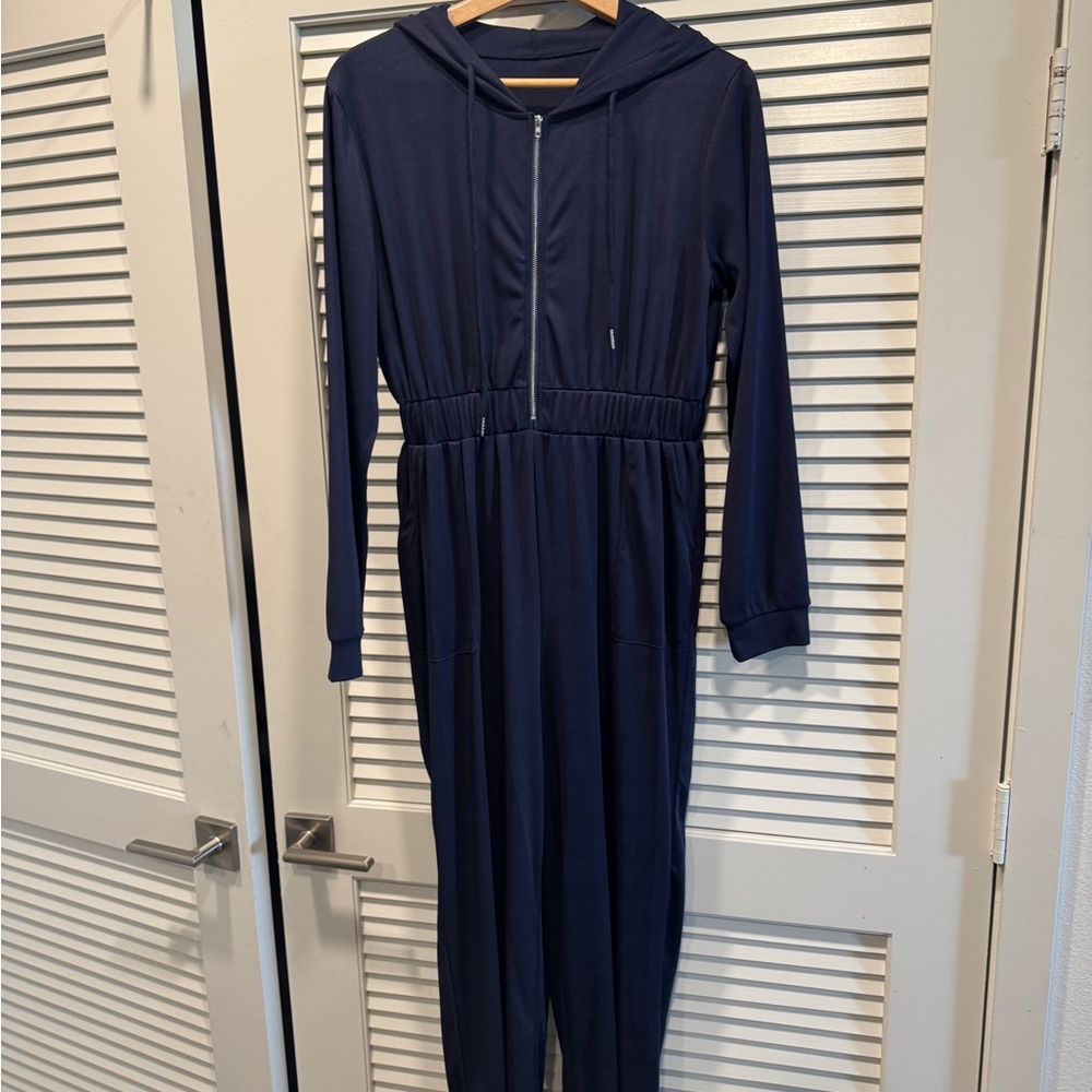Navy Blue Hooded Jumpsuit